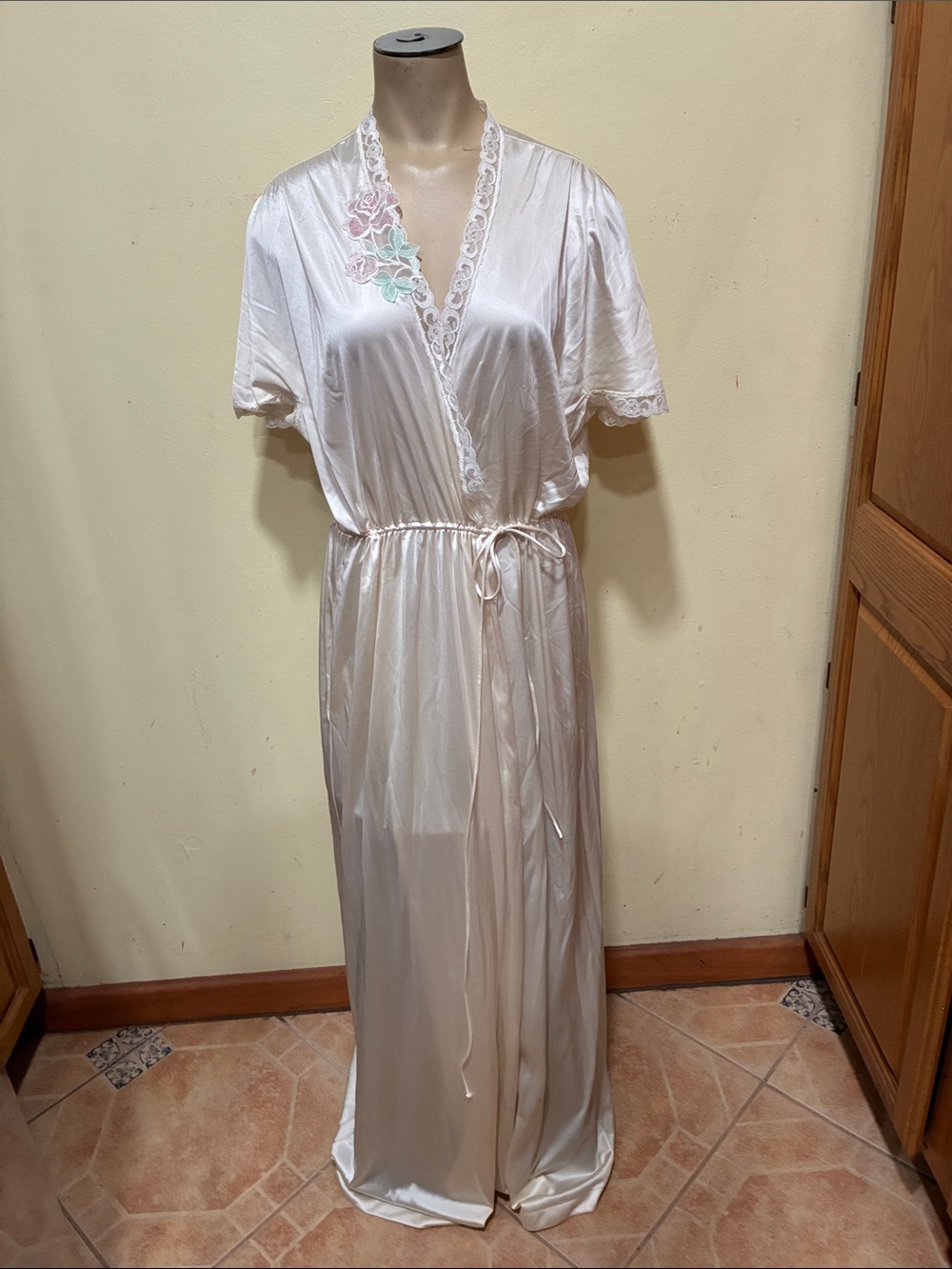 Vintage Ivory Satin Long Robe with Pastel Floral Appliqué